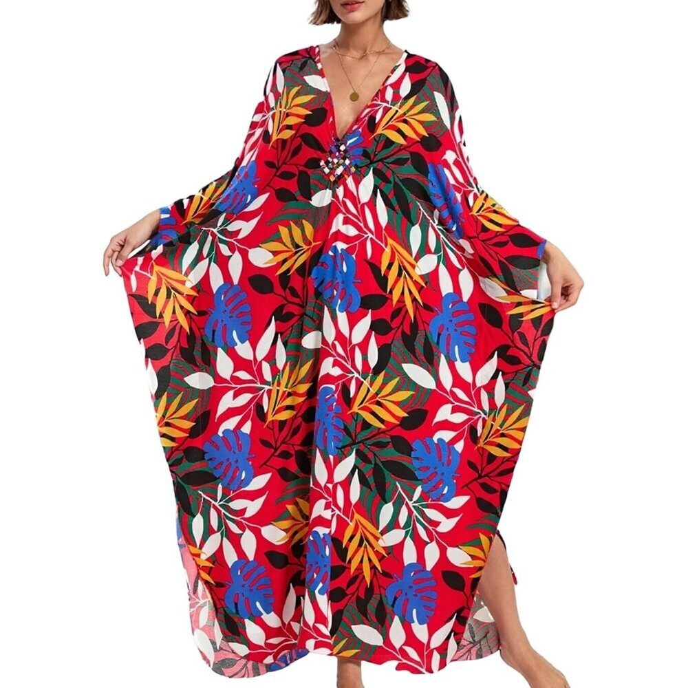 Women Red Blue Leave V-neck Batwing Sleeve Flowy Split Hem Bohemian Kaftan Dress